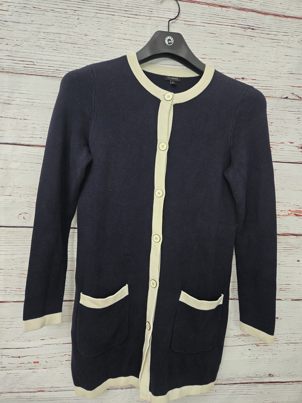 Talbots Navy Ivory Longline Cardigan Sweater Coat Size Small